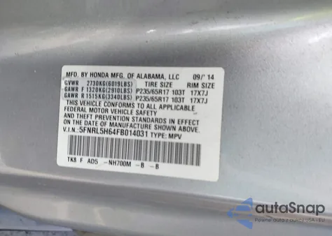 2015 Honda Odyssey Ex-L z USA, uszkodzony, nr VIN 5FNRL5H64FB014031